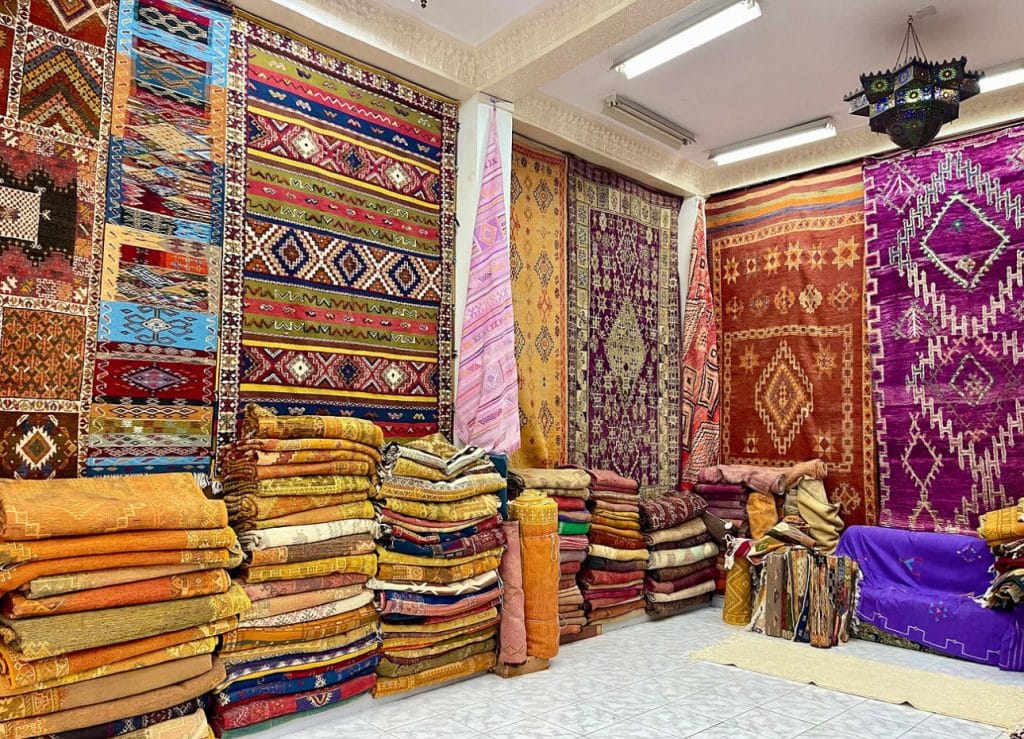 Colorful souk stalls in Tangier visited on a day trip from Seville